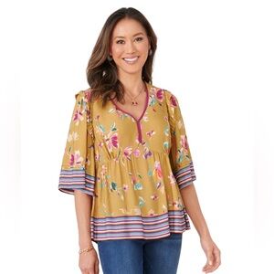 Democracy Dark Mustard Gold Multi Floral 3/4 Sleeve Top NWT